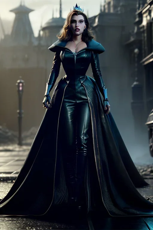 Scarlett Johansen as evil queen in black leather gown, cleavage, angry, stern look, unreal 5, octane render,cinema4d, dynamic lighting, dramatic lighting, 4k, redshift render, highly detailed, hyper realistic