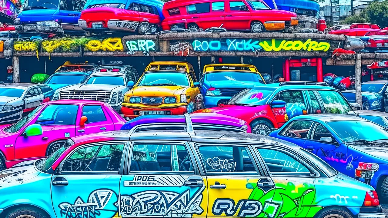 scene of several vehicles stacked in graffiti art