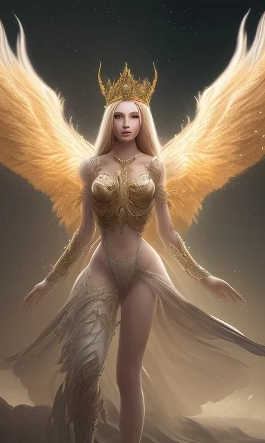 Female angel with beautiful perfect face big wings and golden crown floating above the ground in the dark enviroment, anatomically correct, michelangelo style, detailed, world of warcraft style, dark forest, trees, painting, brush strokes, 8k, dark forest in the background, dramatic camera view