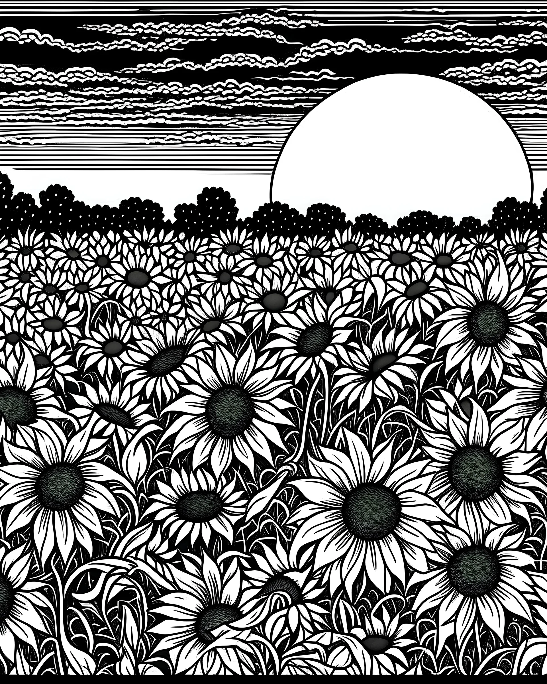 A field of sunflowers bathed in the warm glow of the setting sun, with bees buzzing around collecting nectar for colouring pages black and white with line art,no blur,no grayscale, no black backdrop.