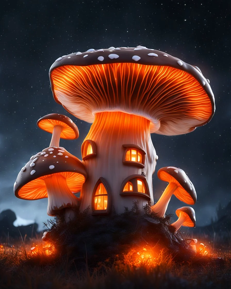 An illogically floating mushroom house on a clear night. white and white and orange, Stars Dark cosmic interstellar. Detailed Matte Painting, deep color, fantastical, intricate detail, splash screen, hyperdetailed, insane depth, concept art, 8k resolution, trending on Artstation, Unreal Engine 5, color depth, backlit, splash art, dramatic, High Quality Whimsical Fun Imaginative Bubbly, perfect composition