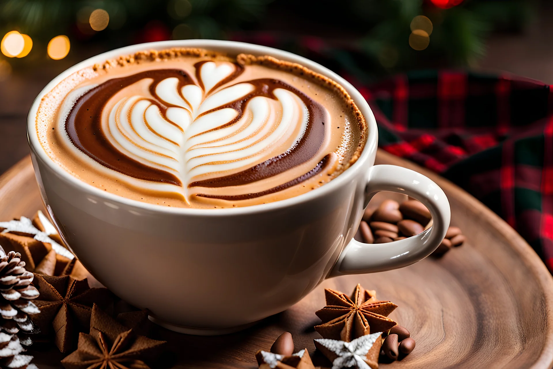 plaid christmas mug of capuccino