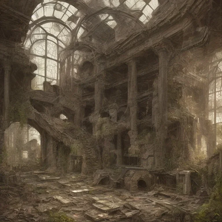 only man sad, abandoned, miserable in big mystic ruins, wide, intricate detailed, realist, 8k