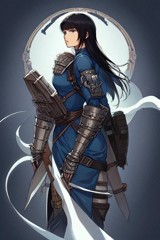 Motoko Kusanagi from "Ghost In The Shell (1995)", clad in medieval stell plate armour, alone, blue eyes, perfect, beautiful, black hair, in the style of 90-s anime, androgynous, melancholic, bleak