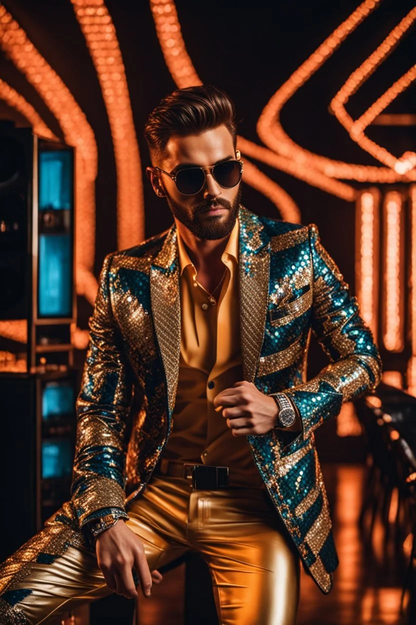 Full body Real photography handsome man super model European on fashion style dressing luxury jacket diamonds patterns,sunglasses,turn on music DJ player in disco club