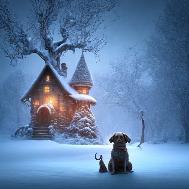 SAD, SCARED, LONELY DOG TIED TO A TREE WITH A ROPE, HOUSE IN BACKGROUND, WINTER, 8k resolution, high-quality, fine-detail, intricate, digital art, detailed matte, volumetric lighting, illustration, 3D octane render, brian froud, howard lyon, selina french, anna dittmann, annie stokes, lisa parker, greg rutowski