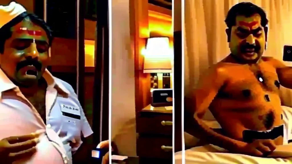 indian hotel keeper massages his belly button while drunk on the phone