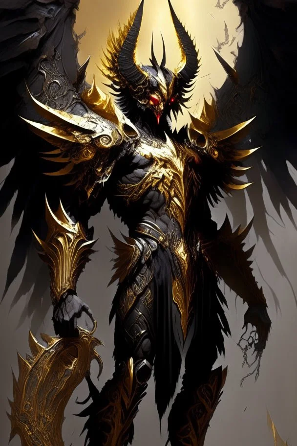 an image of a demonic creature with wings, archaon the everchosen, ornate supreme demon overlord, diablo digital concept art, diablo concept art, epic exquisite character art, omen from valorant, concept art of omegamon, angelic golden armor, infernal art in good quality, dark fantasy character design, black and golden armor, saint michael the angel