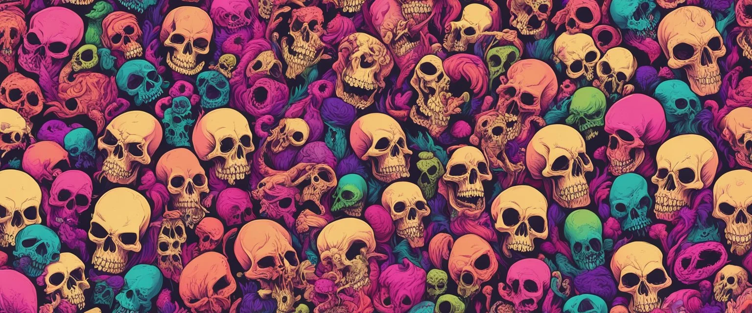 a field of 1000s of cartoonish, anatomically correct, skulls, vivid RANDOM BRIGHT neon colors, dark comedy, well lit, high detail, photorealistic, horrorcore, fun, scary, dead, 100% detail on all drawn, nothing partial or filler, by hanna barbara