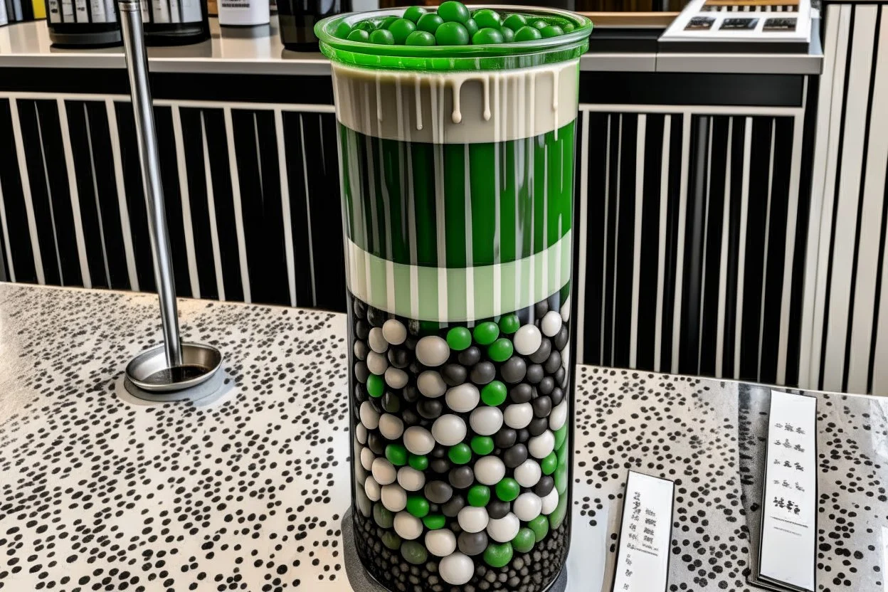 filling the frame edge to edge looking into a tank filled with matcha latte bubble tea, dark tapioca pearls along the bottom against the glass, ice floating at top, no fish, no outside of tank