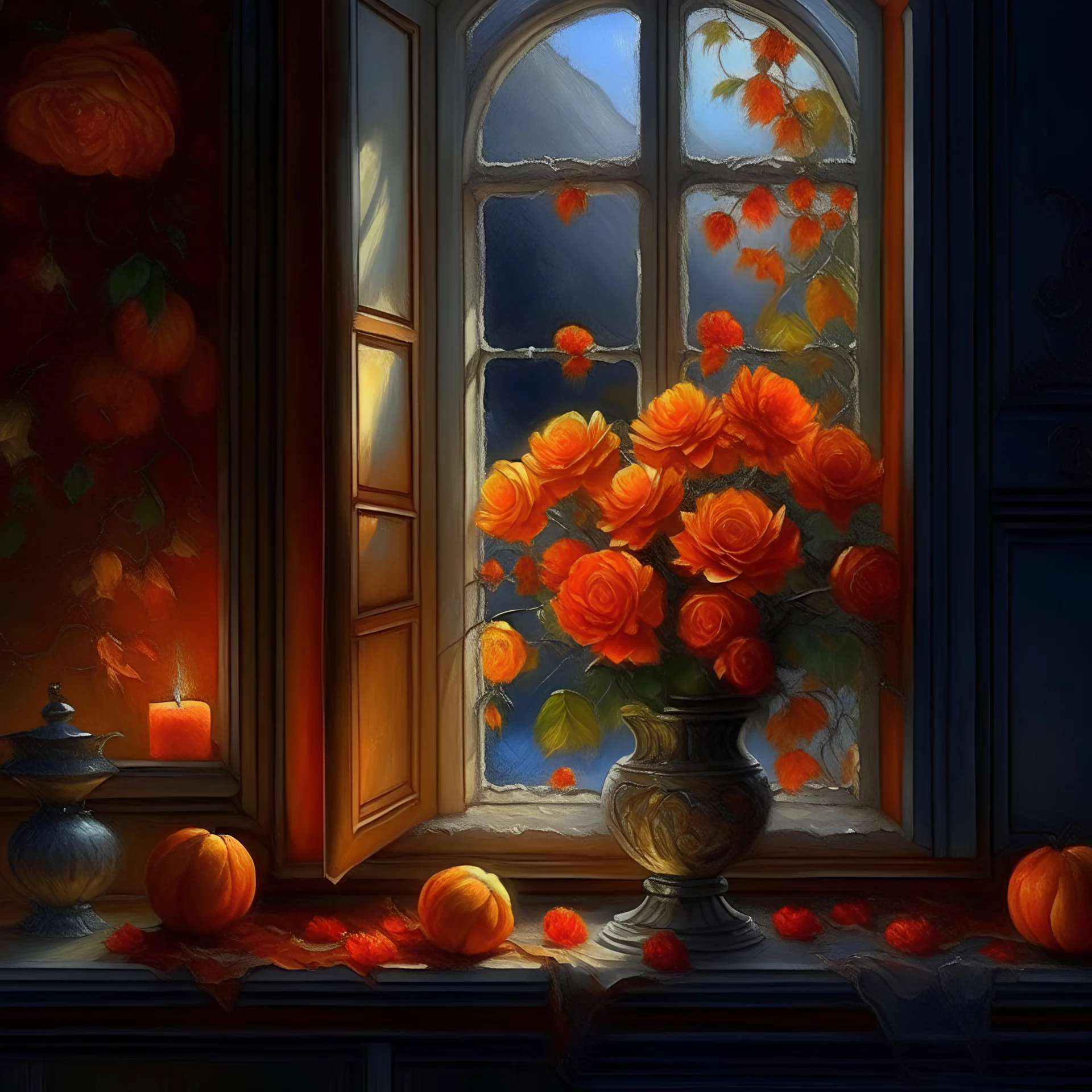 Behold the exquisite masterpiece that captures the essence of an enchanting autumn night . This captivating image showcases a delightful arrangement of vibrant orange flowers , gracefully adorning a moonlight-kissed window sill. Each brushstroke meticulously brings to life the delicate petals and succulent fruits, evoking a sense of opulence and natural beauty. The harmonious blend of colors and textures creates a visual symphony that will effortlessly elevate any space, infus
