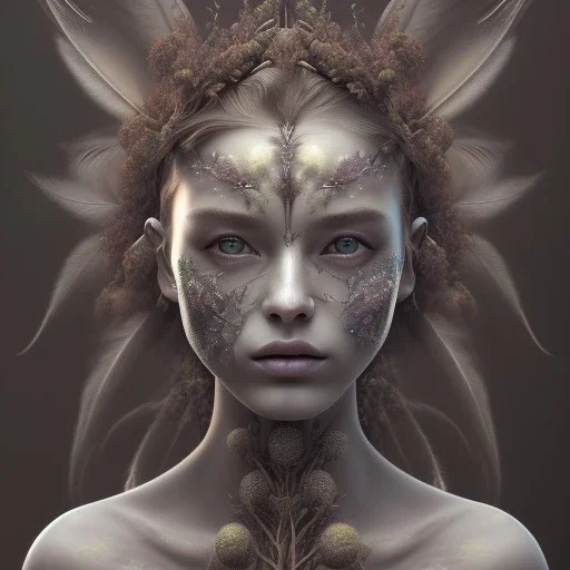 Portrait of beautiful girl, face dept of field,face shining, plant, metal, feathers,central weight average, CWA Dryad, fae, sidhe, ominous, nature, plants, wildflower sparkle,wildflower 3d view, facepaint, dnd character portrait, intricate, oil on canvas, masterpiece, expert, insanely detailed, 4k resolution, retroanime style, cute big circular reflective eyes, cinematic smooth, intricate detail , soft smooth lighting, soft pastel colors, painted Renaissance style,sharp fucus, bokeh,macro lens,