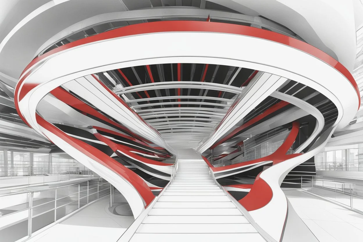 Architectural drawing of a futuristic pedestrian bridge, from above white, red and black colors