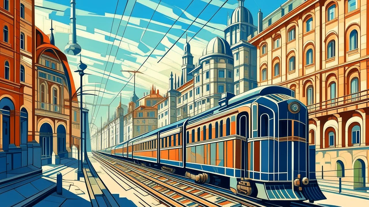 Train track with buildings and a carriage, Italian futurism style, in a cityscape.