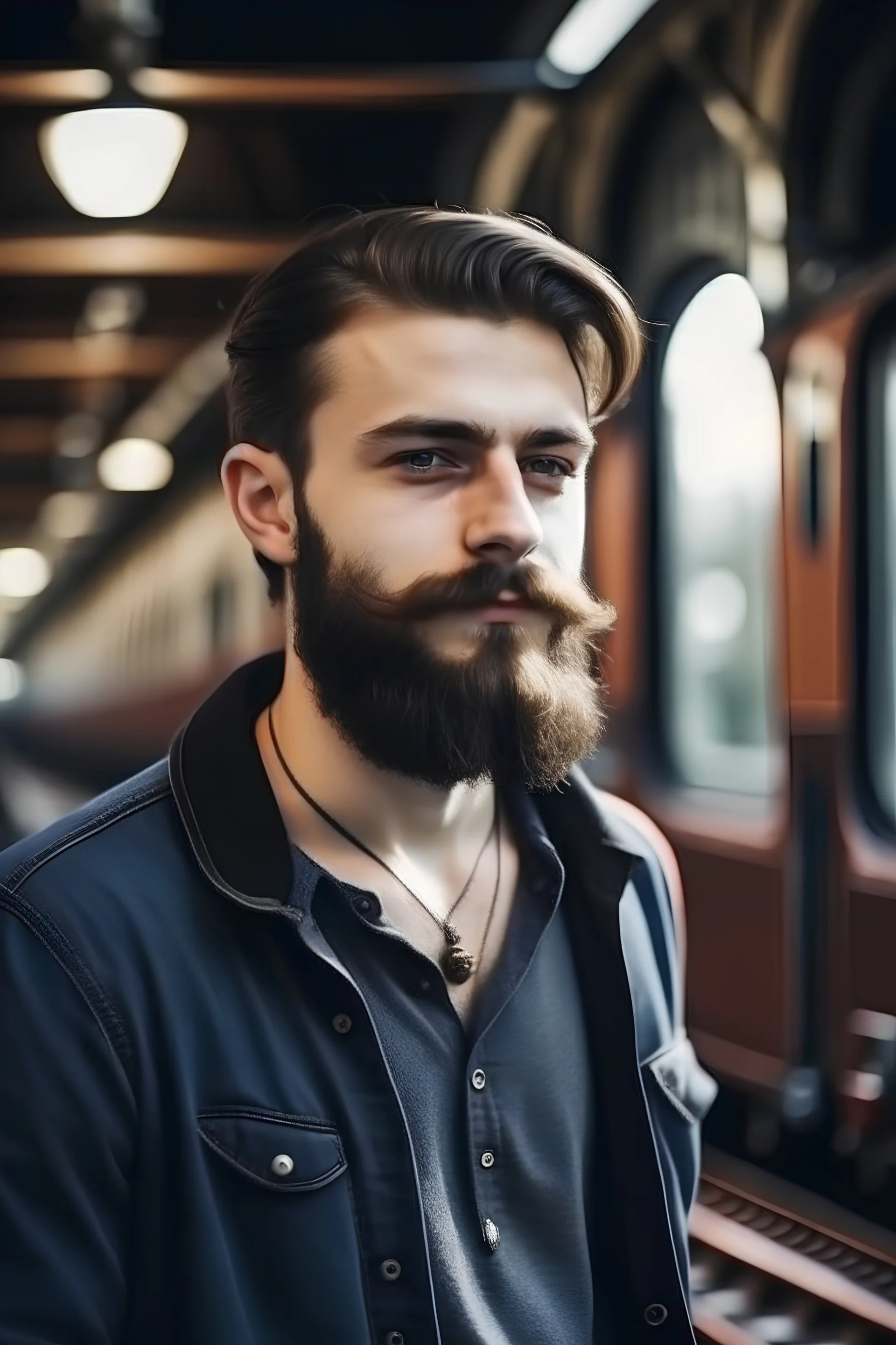 Handsome young Men with beard portrait before a train Engine