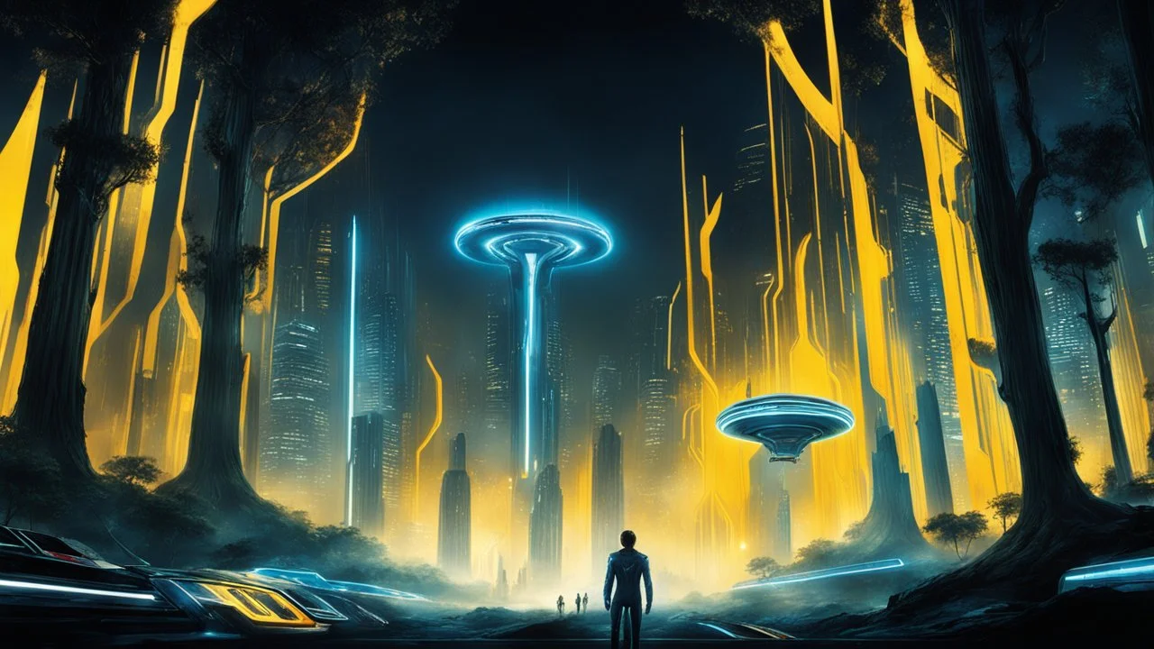 tron legacy movie, creatures,, space ships, city of the future, trees , forest, yellow, blue, red