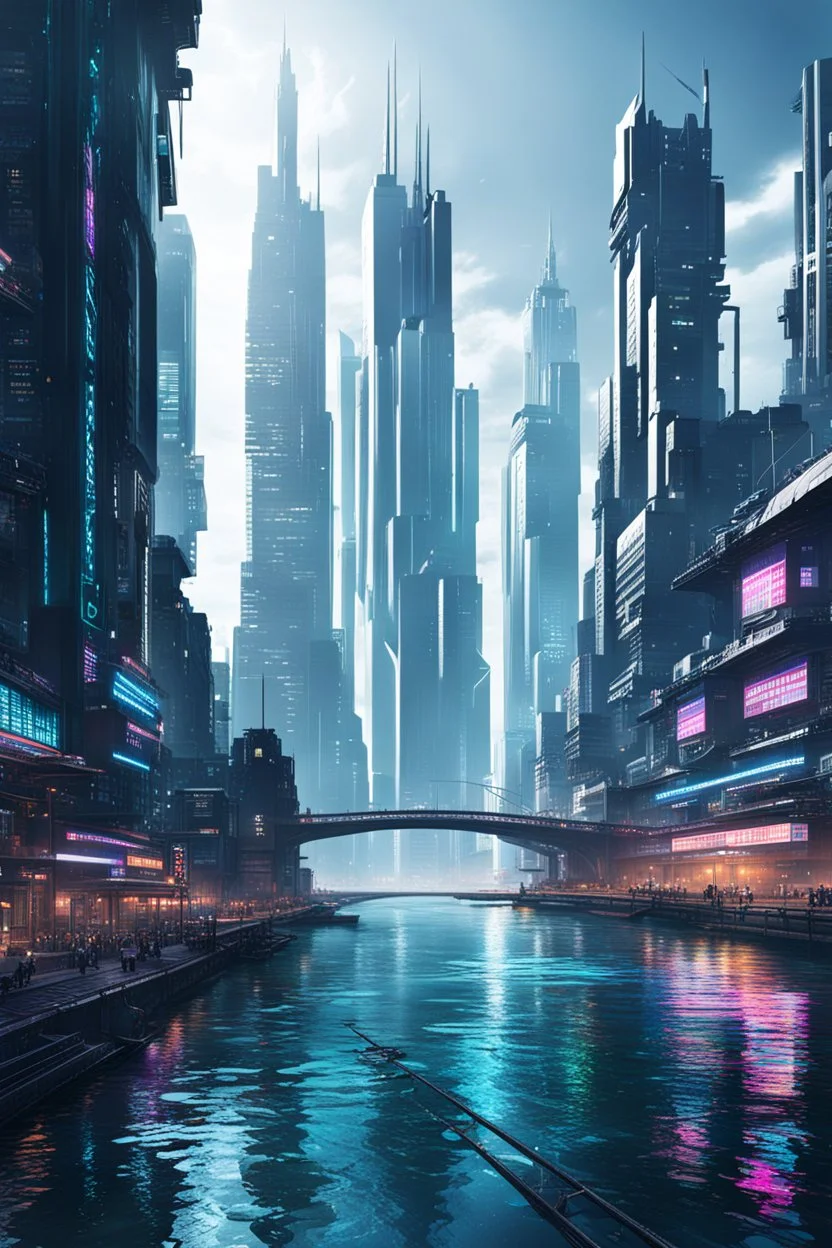 a large river in a modern city world, large buildings, cyberpunk style