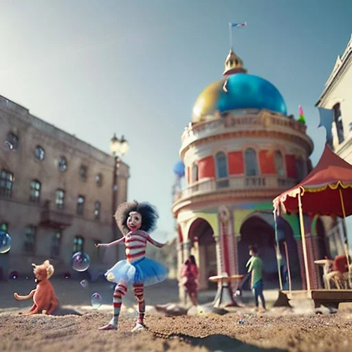 Ultra realistic circus scene. Child’s playing, smile, happy, color bubbles, smooth color, waist up view, Wes Anderson style, a lot of people background, highly detailed, concept art, unreal engine 5, god rays, ray tracing, RTX, lumen lighting, ultra detail, volumetric lighting, 3d, finely drawn, high definition, high resolution.