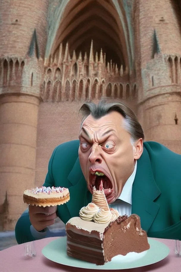 ugly viktor orban being afraid eating cake in a castle