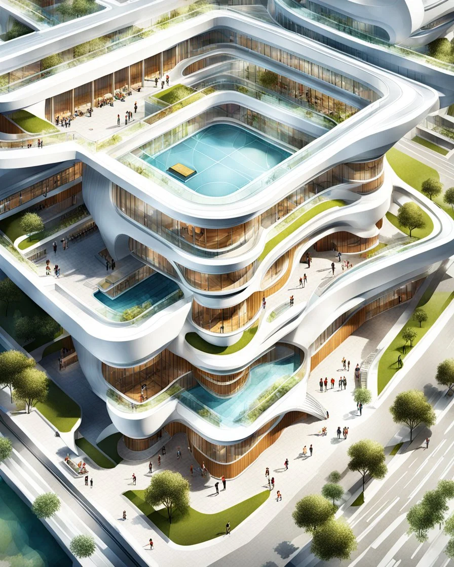 Architectural drawing of a Neofuturistic school, ultra quality, people, treets, from above