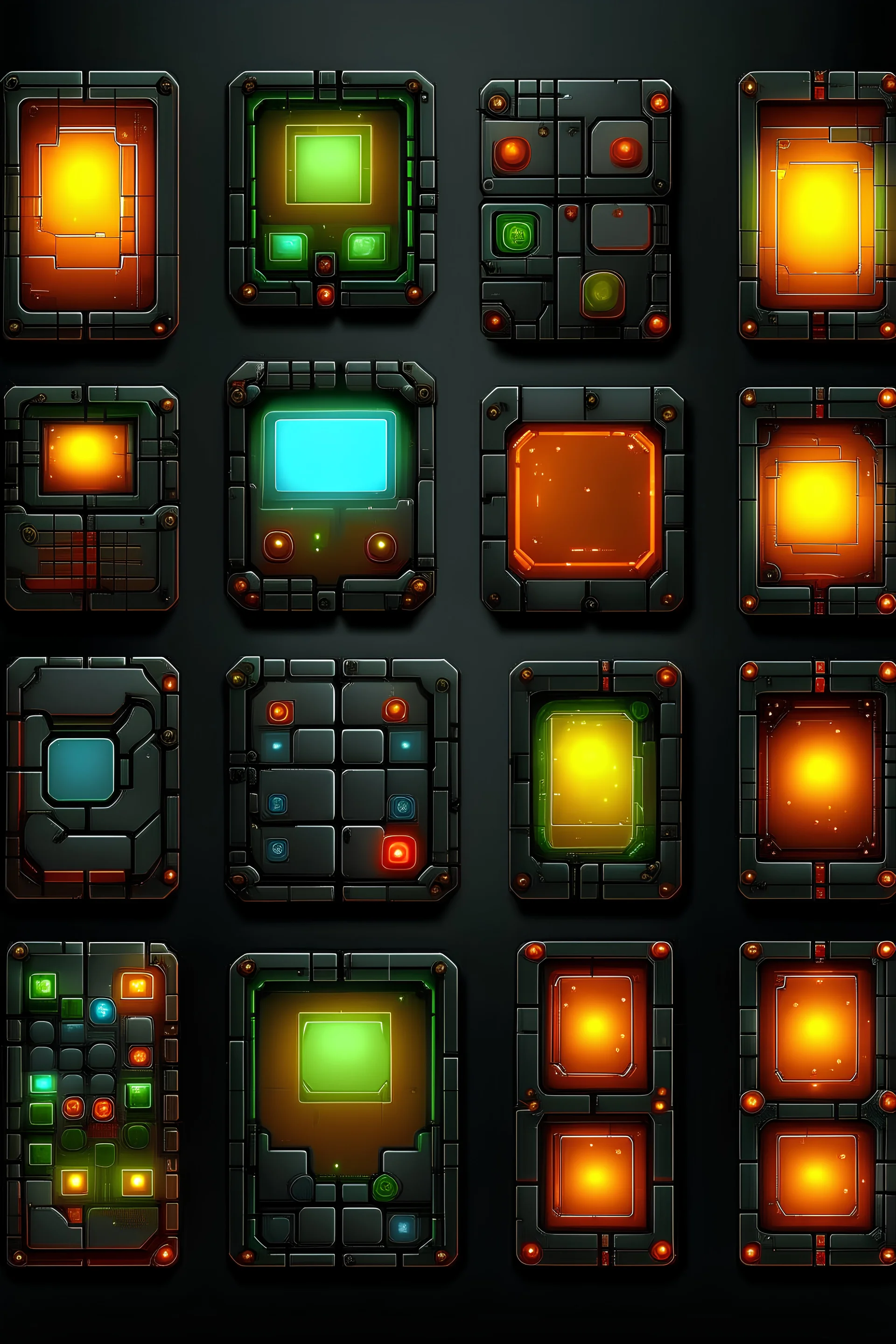 Sprite rust metal sheet, separate blokcs, Metal Armor plate sheet, neon lights from edges, neon frame on ages, Metal rust, Sheet metal, Metal square, space theme, space game, gray background, 32 pixel by 32 pixel art