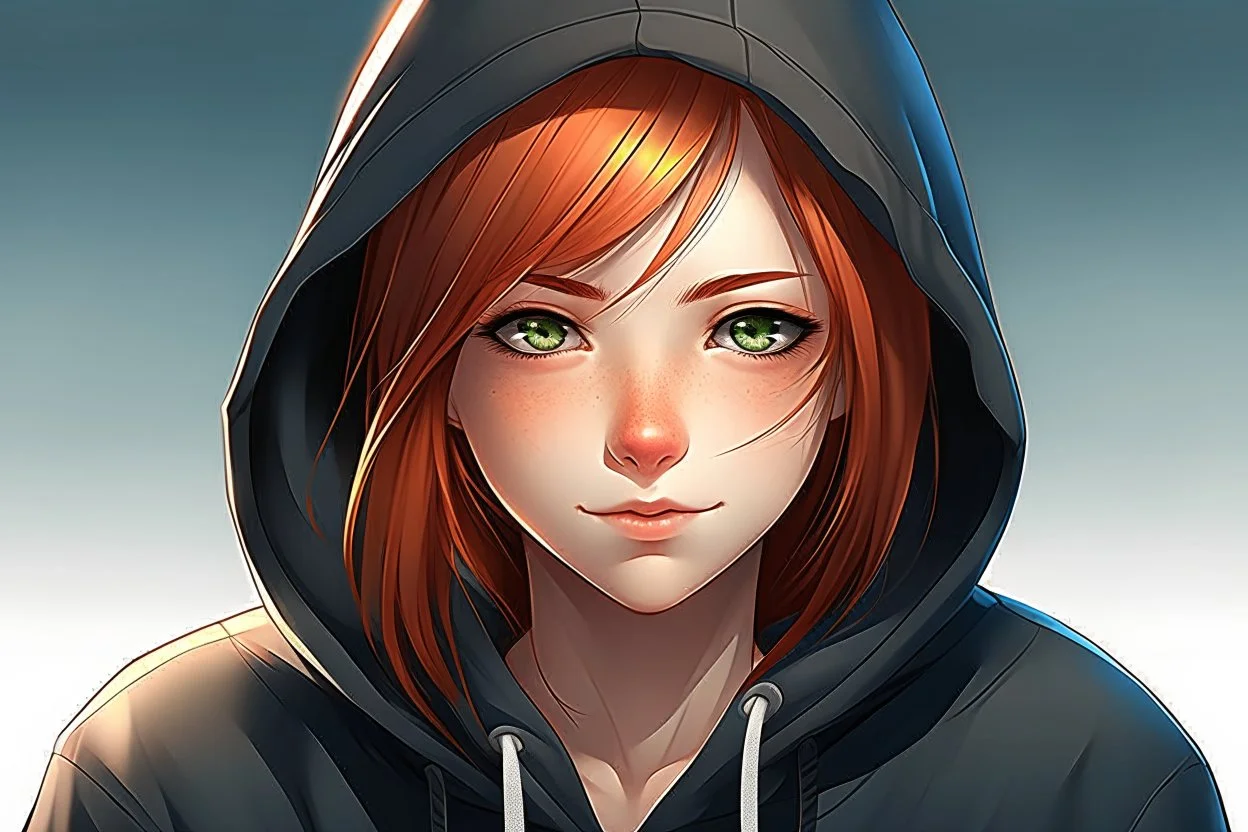 An anime young adult female with medium length red hair, brown eyes, wearing a black hoodie, realistic, slight smile