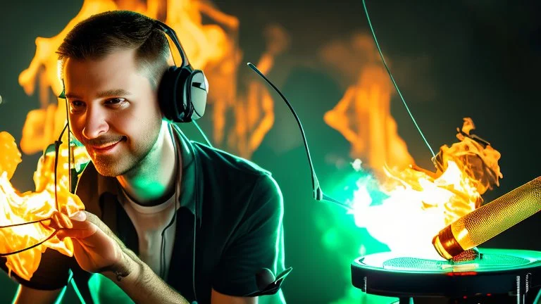 4k, portrait of a radio host broadcasting metal on fire in a radio studio, background green youth style