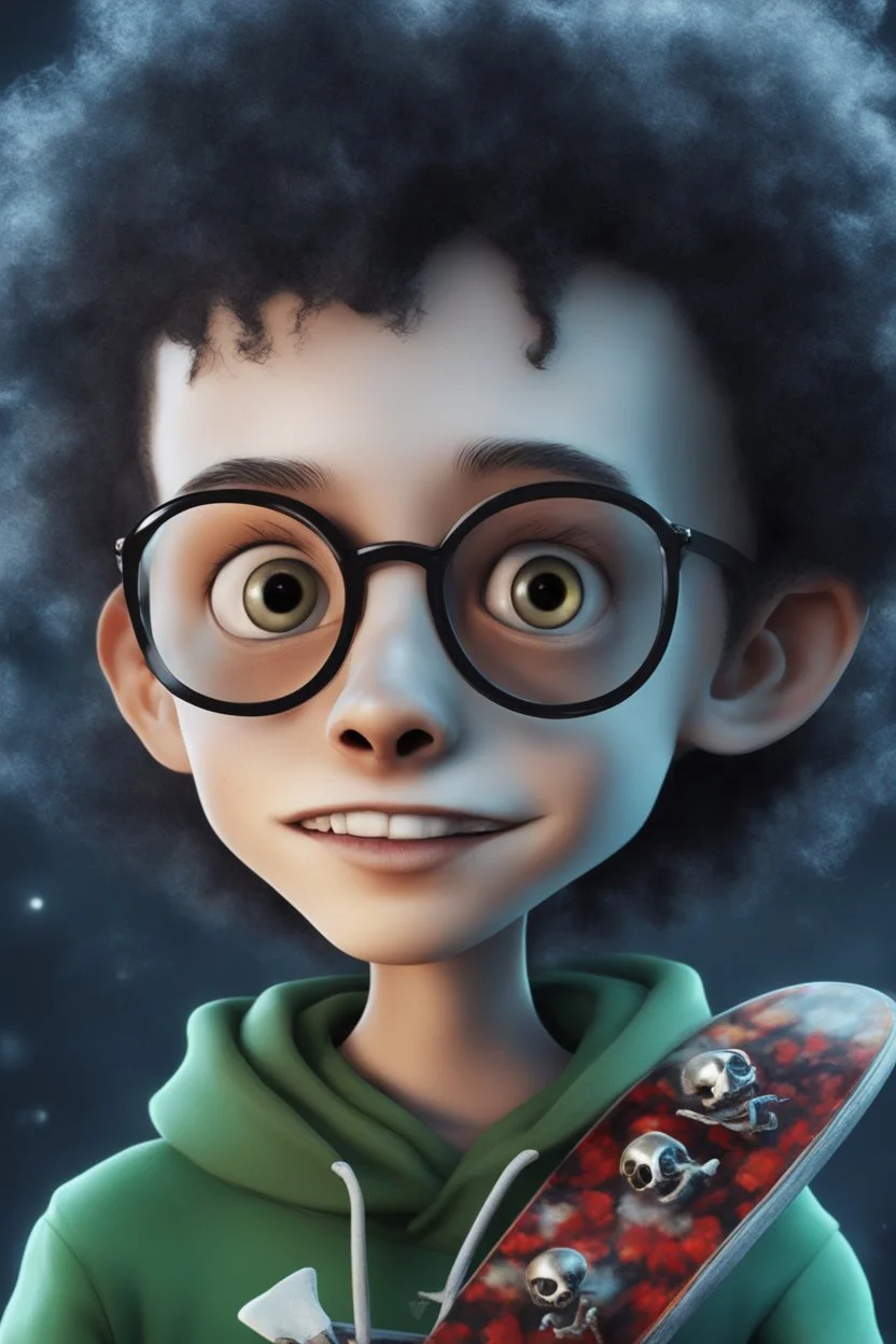 a cute animation boy, skateboarding , trendy hoody, 8 k, tim Burton skeleton style from the movie "night before Xmas", realistic animation, gothic