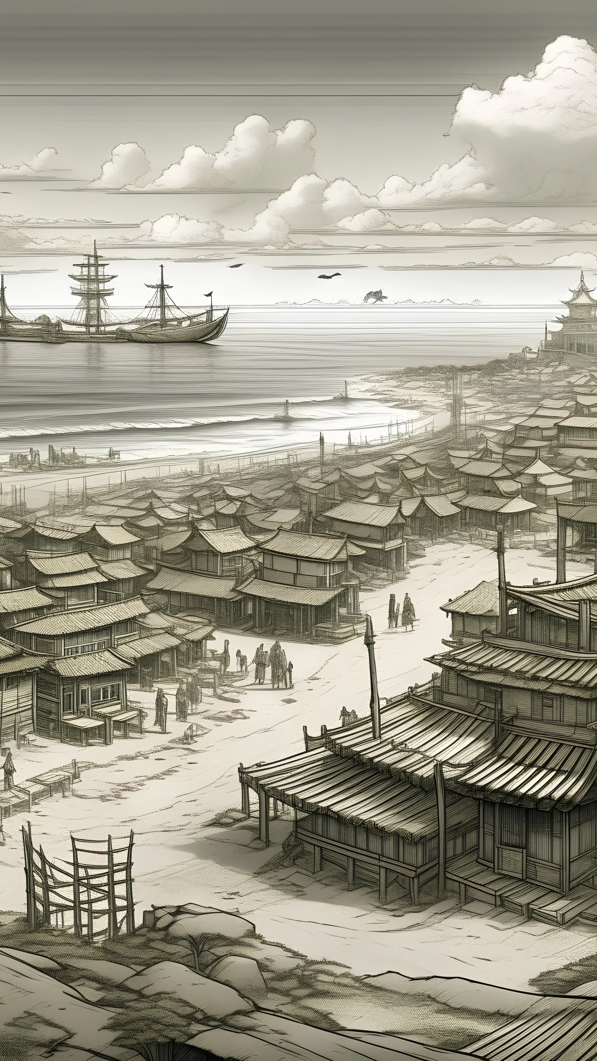 Tokyo Japan, Australia, Time War, imagined in 1934, Realistic Sketch, Scenery, Outer banks, Beach, Island, Ruthless, Brutal.