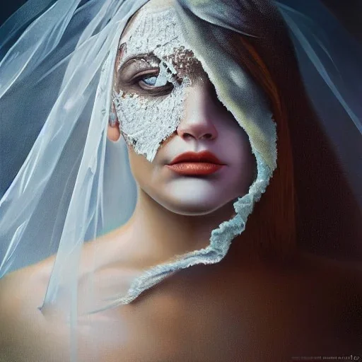 broken, cracked-open woman's face, fine detail, highly intricate, wearing bridal veil, modern surrealism painting, identity crisis, high-quality, volumetric lighting, 8k, ultrahd, George Grie, Marco Escobedo, Igor Morski