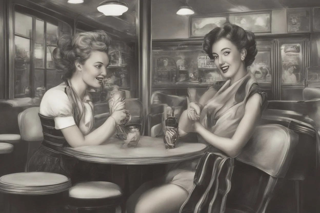 50-v5.2 prompt 26: Using the Grisaille technique, create a vintage Pin-up Girl in a classic 1950's diner setting. elegantly sipping a milkshake with an iconic jukebox in the background. -ar 16:9 -s 50. -v