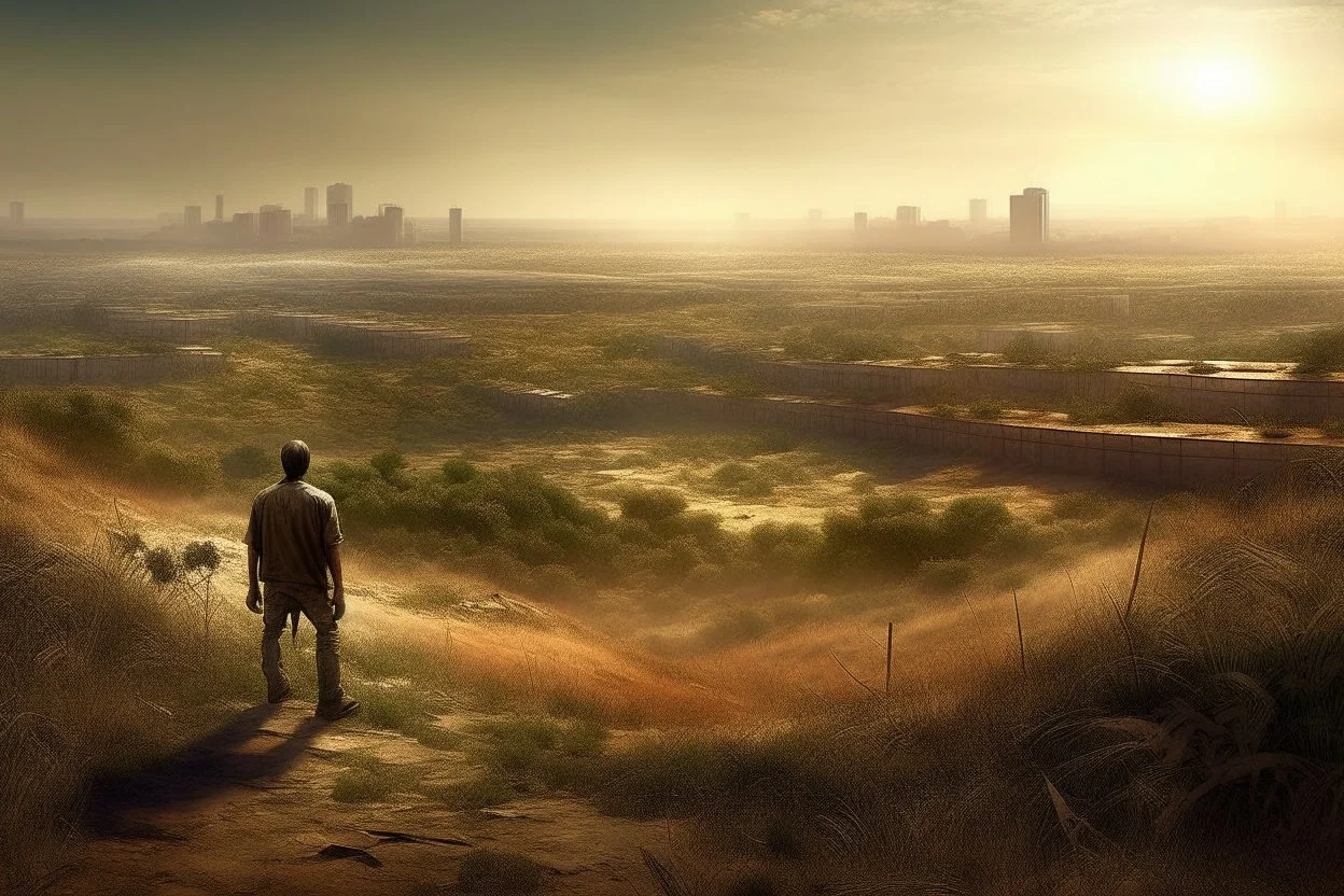 a man, looking straight ahead, with the city behind him, on land out of the city, dirt terrain and low vegetation realism, photography of reality, real, 16K, warm light