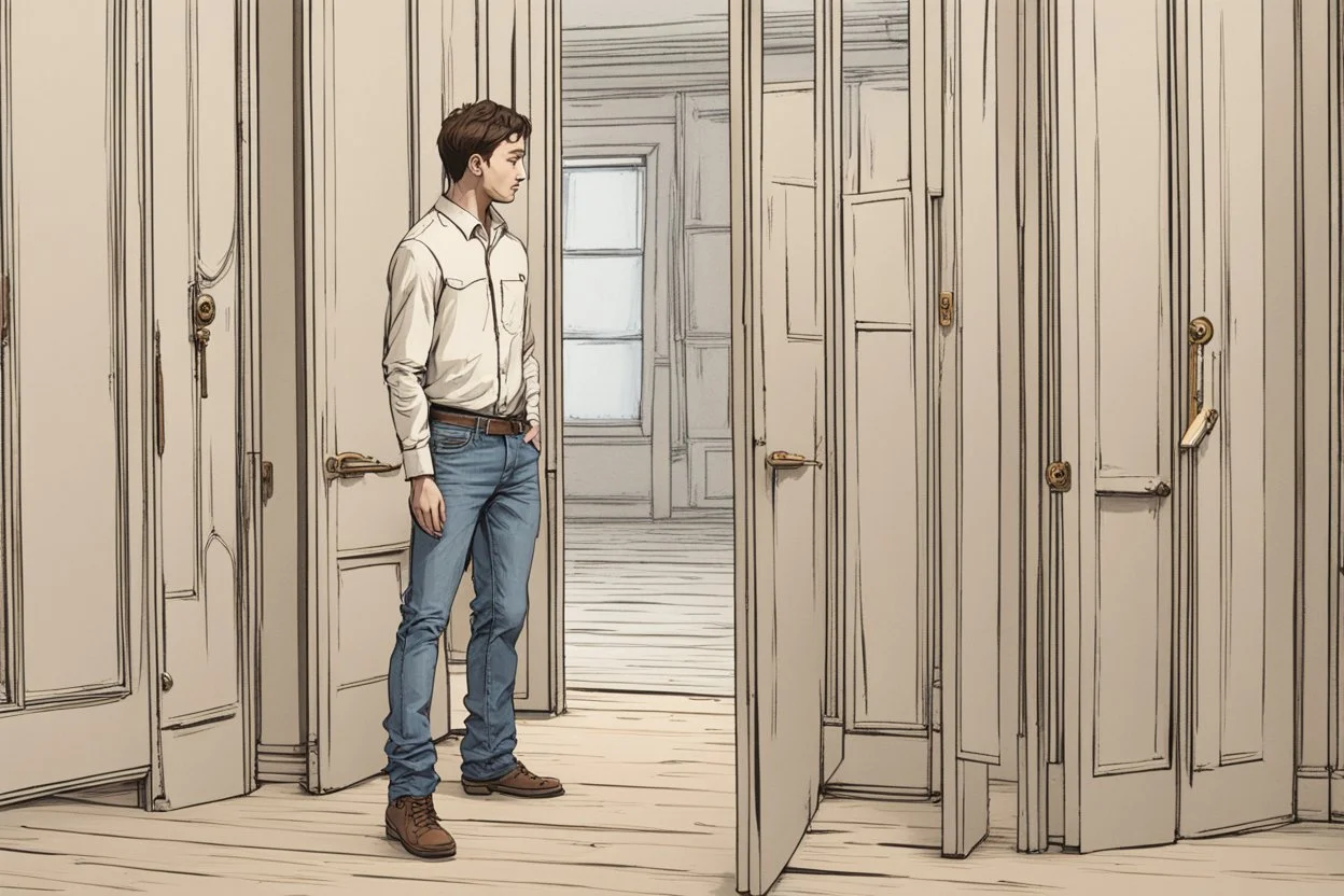 man in jeans and a shirt standing in a room of doors