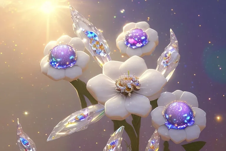  white and crystal subtle flower in a cosmic ambiance, transparent petals, delicate colors, in the foreground, full of details, smooth, bright sunshine，soft light atmosphere, light effect，vaporwave colorful, concept art, smooth, extremely sharp detail, finely tuned detail, ultra high definition, 8 k, unreal engine 5, ultra sharp focus