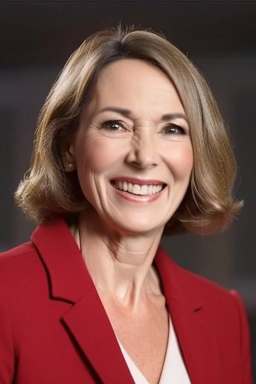 A preety woman in her early 50s having a presidential speech in front of a huge building