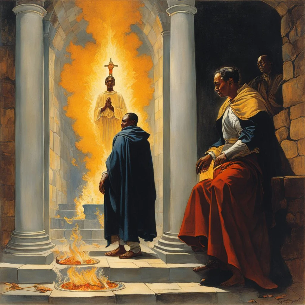 [art by Norman Rockwell] With newfound determination burning in his eyes, Roupinho stepped back, his gaze lingering on the statue of the Black Madonna. Leaving the grotto, Roupinho emerged into the world, his heart aflame with the divine spark that had been ignited within him. And so, the knight set forth on his sacred quest, his destiny intertwined with the miraculous presence of the Black Madonna of Nazaré. The echoes of his pledge reverberated through the hallowed halls of his soul, ignitin