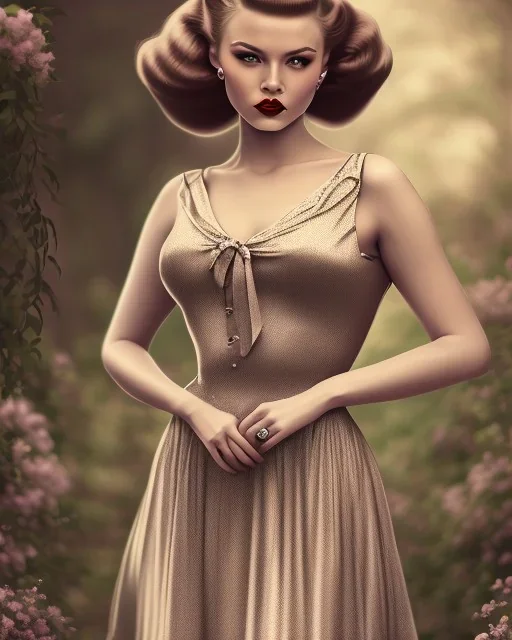 vintage style photos of women in pin-up inspired dresses, intricately detailed, realistic, beautiful, peaceful, 8k resolution