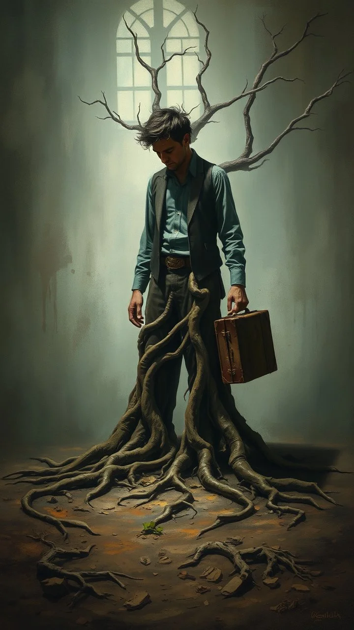 Bosch painting style nightmare, a man with only tree roots legs planted in the ground and head looks down , with an old travelers suitcase , dramatic sad scene, fantasy, scary.