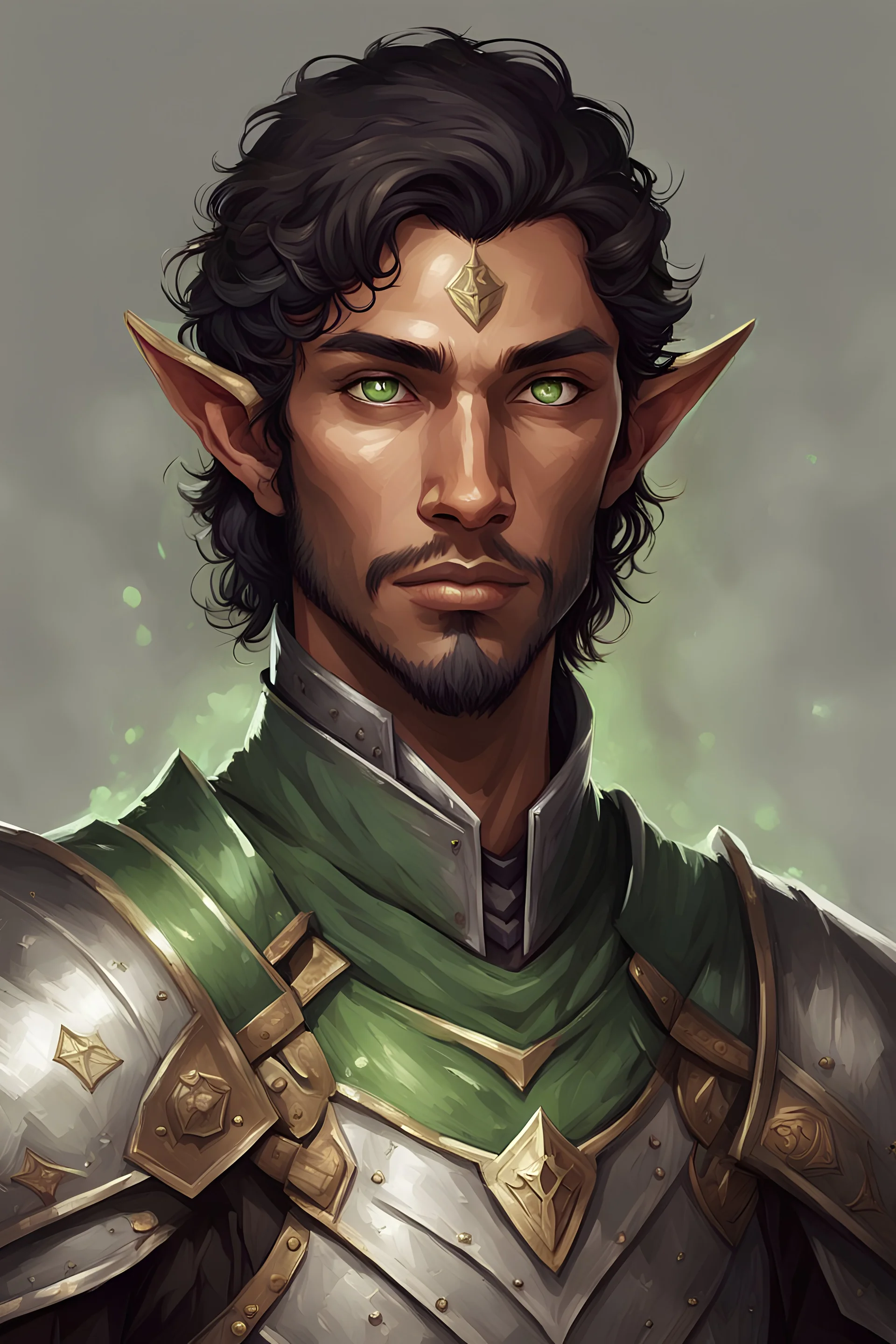 generate a portrait of a fantasy-style male half-elf grave-domain cleric with green eyes, brown skin, chin length black wavy hair, wearing half-plate armor