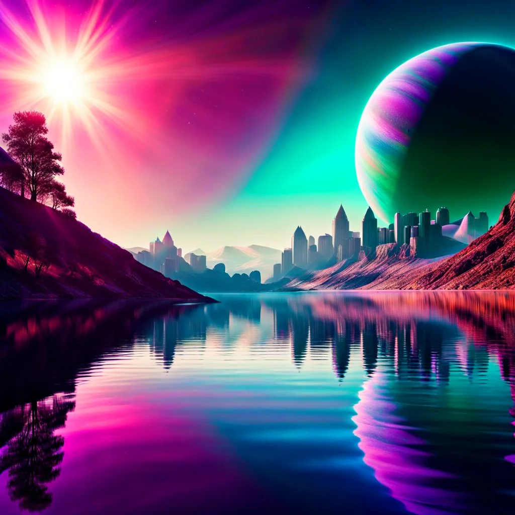 Photograph colors of a distant planet, a lake, reflections of a sun, a distant citi-scape of an alien civilization, peaceful, awesome