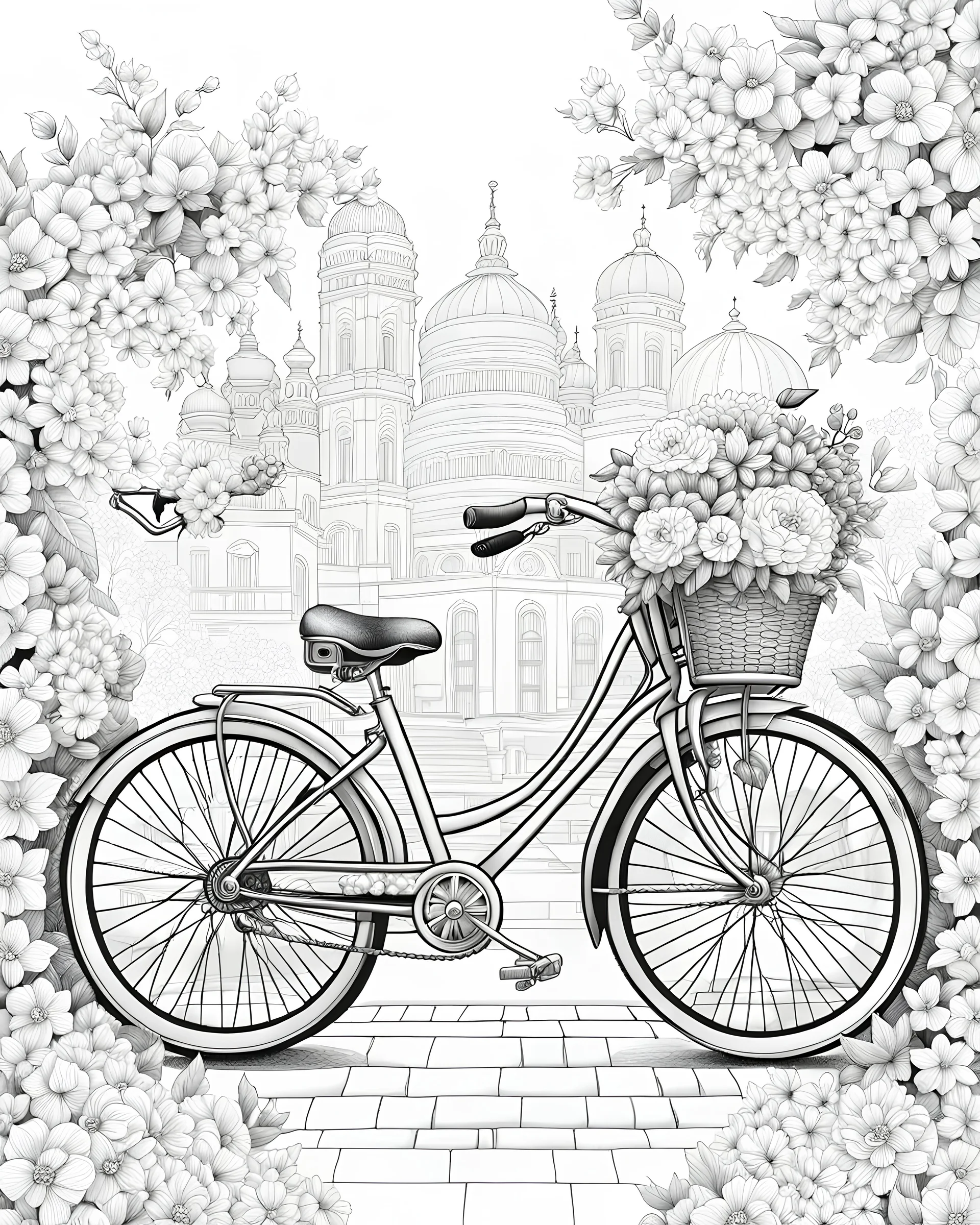B/W outline art,coloring book page, full white, super detailed illustration for adult,"Blossom Ride: A Floral-Adorned Bicycle Adventure", crisp line, line art, high resolution,cartoon style, smooth, law details, no shading, no fill, white background, clean line art, Sketch style.