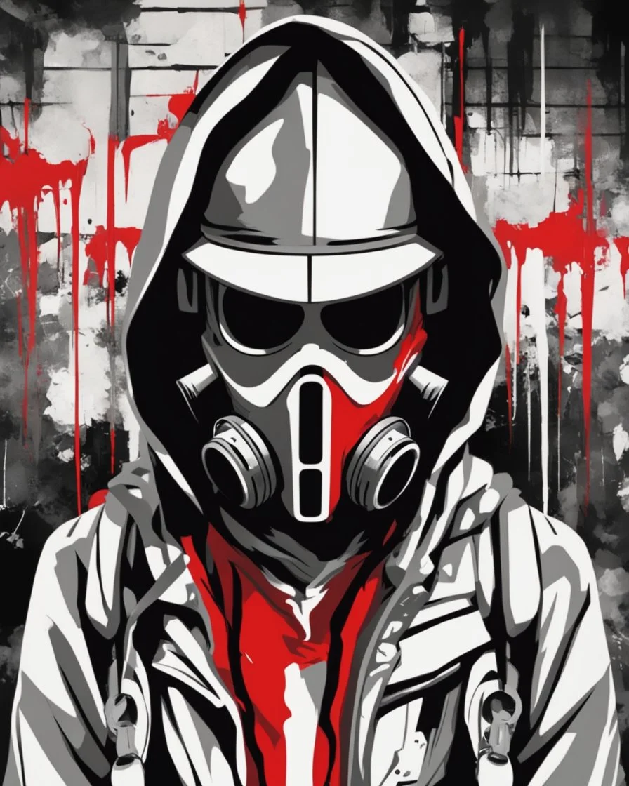 Banksy style. Vibrant and dynamic masterpiece of a hooded and gas masked killer Cyborg, his eyes are intense. Red, white and black colors