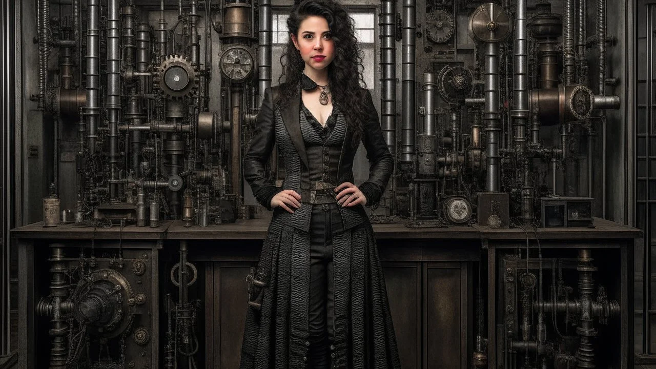 full-length portrait of a pale-faced woman with dark wavy shoulder-length hair, with detailed steampunk metal arms and legs, dressed like a Victorian, standing to one side in a laboratory full of small machines