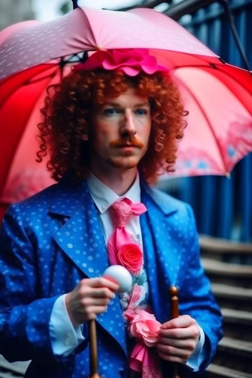 kind sailor, man, red curly hair, long jacket, pink-azure clothes, pink-azure cocked hat, white floral pattern on the jacket, flower in the hair. Pink and blue umbrella.