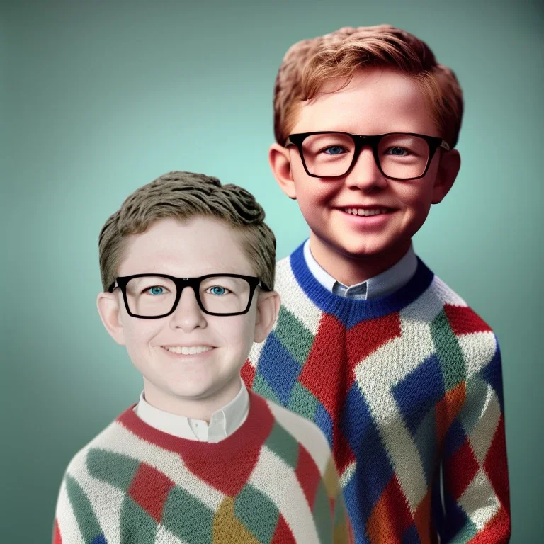  photo of peter billingsley chubby kid glasses, argyle sweater