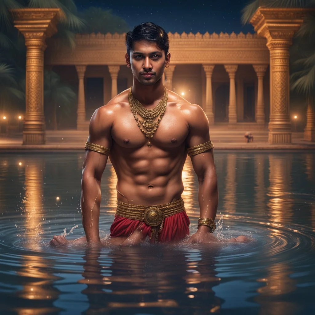 Hyper Realistic handsome Young shirtless muscular short hair Indian king bathing in a lake outside traditionally beautiful Indian palace at night