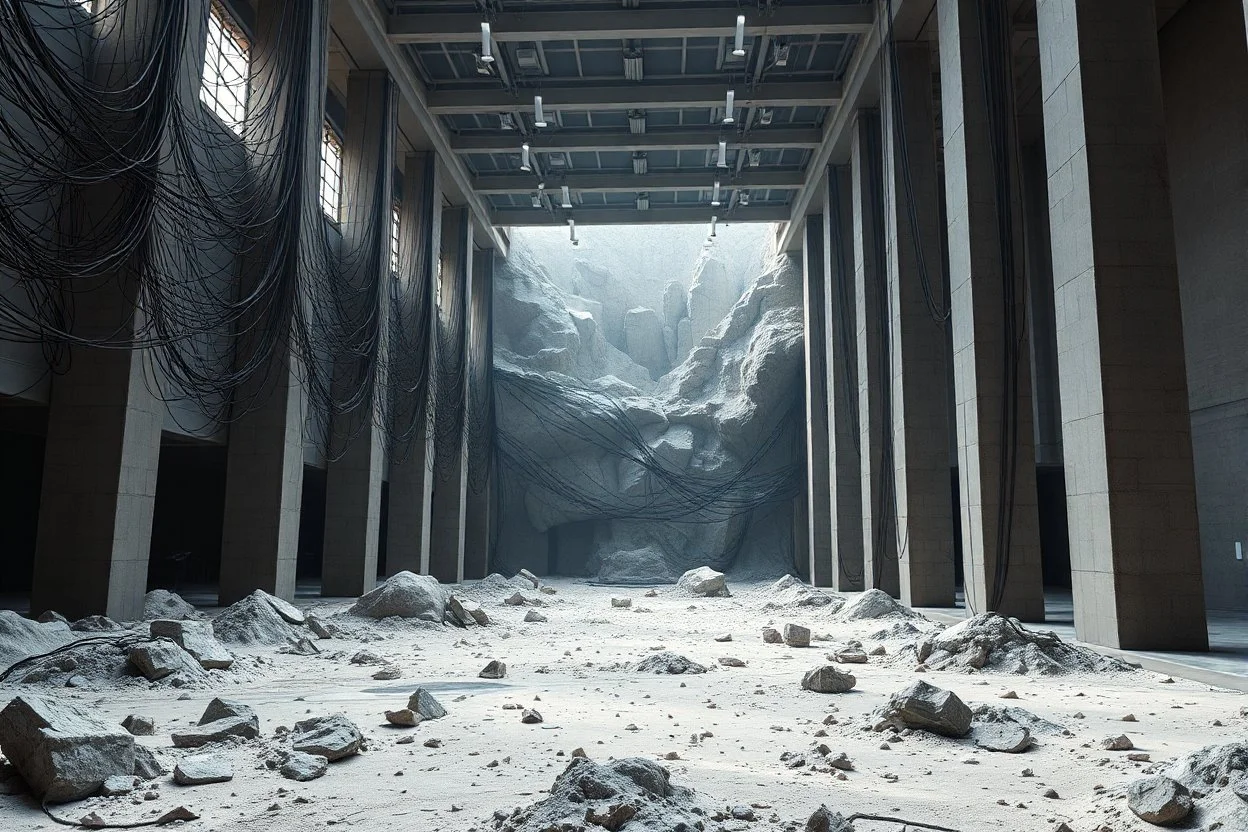 Photograph, a mass of wires, giant museum space, building, pillars, high walls, schermi di computer, high towers in a room, sediments, deflagration of the background, geological formation, light, architecture, minimalist, details of the terrain very accentuated, 8k, deep 3d field, sharp, brutalist, hasselblad h6d400c --ar 85:128 --v 6.0