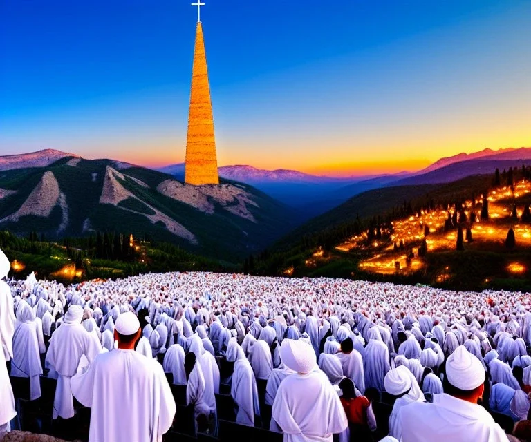 100,000,000 christians, men, women,and children, WORSHIPPING, dressed in white,God in jewish Temple in new Jerusalem, hills and valley in background, dusk, andromeda GALAXY IN SKY