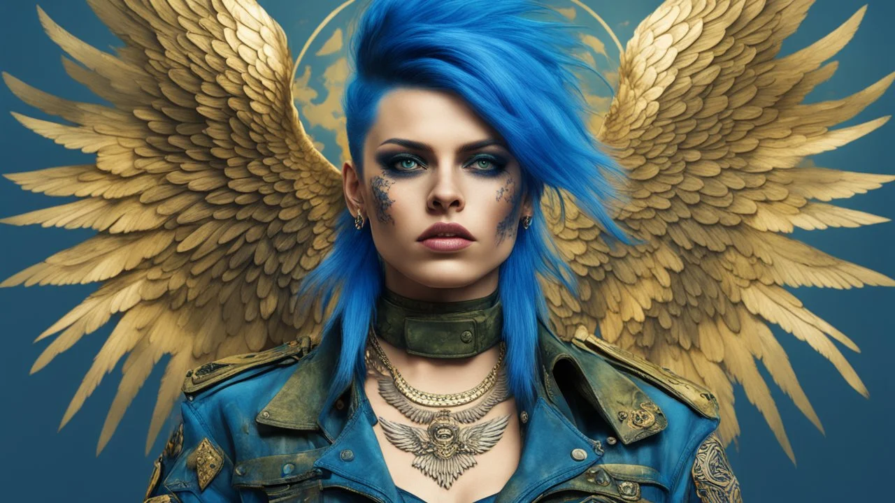 beautiful Punk woman Angel 30 years old, military clothing, mystical, bright colors, creative hairstyle, tattoo, piercing, photorealistic image, military, camouflage clothing, gold, blue, fine rendering, high detail, 8K