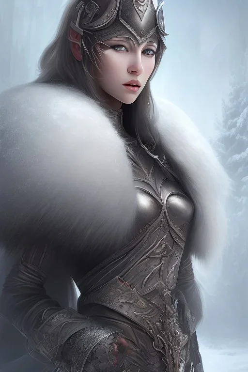 Medieval warrior girl, wearing futuristic armor, snow mountain background, snow, fur cloak